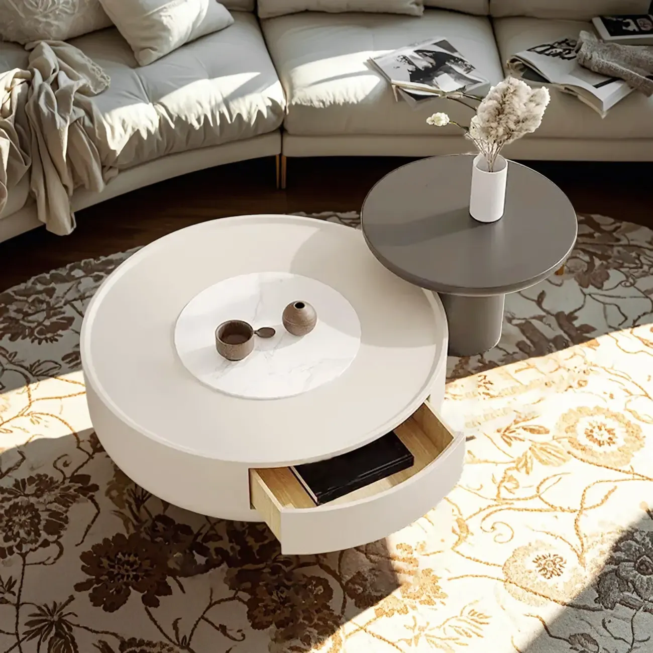 White Stone Bunching Coffee Tables with Tray Tops and Storage Included Image - 2