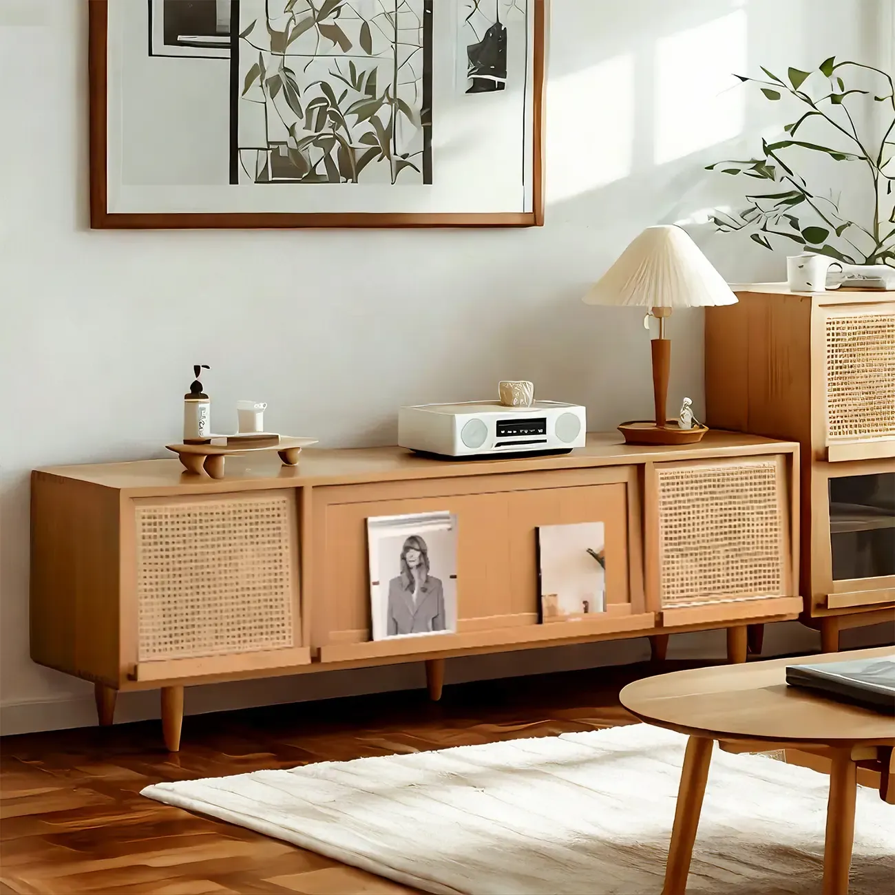 Stylish Wooden TV Stand with Shelves for Living Room Image - 2