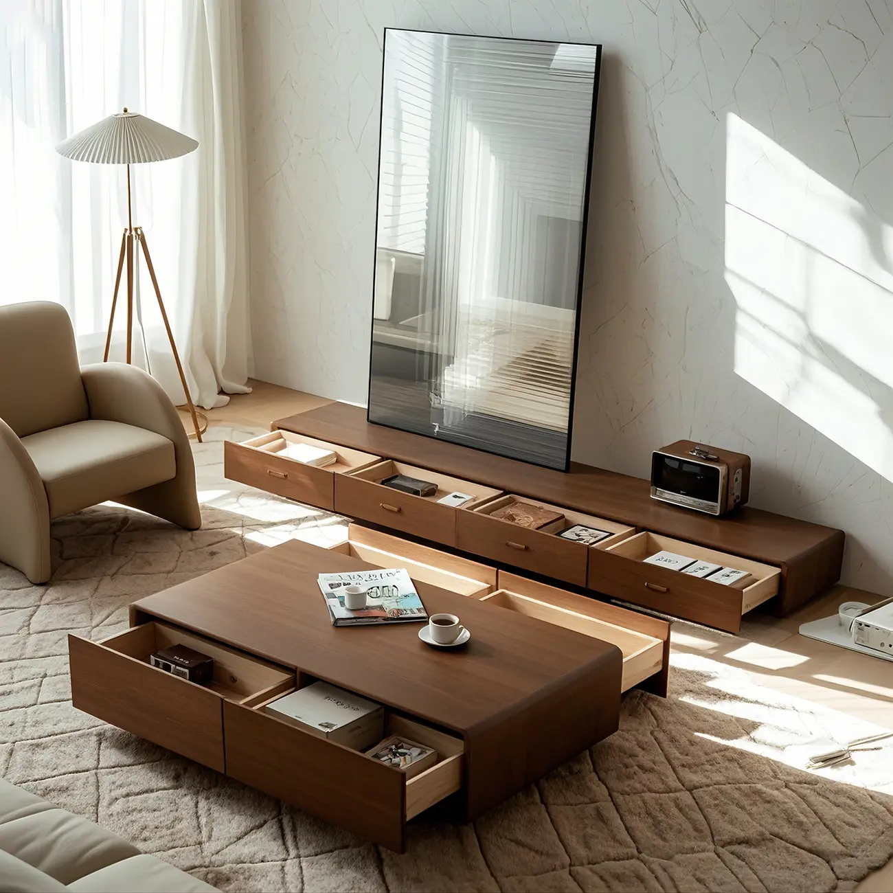 Vintage Wooden TV Stand with Drawers & Cable Management Image - 3 | homeyfad