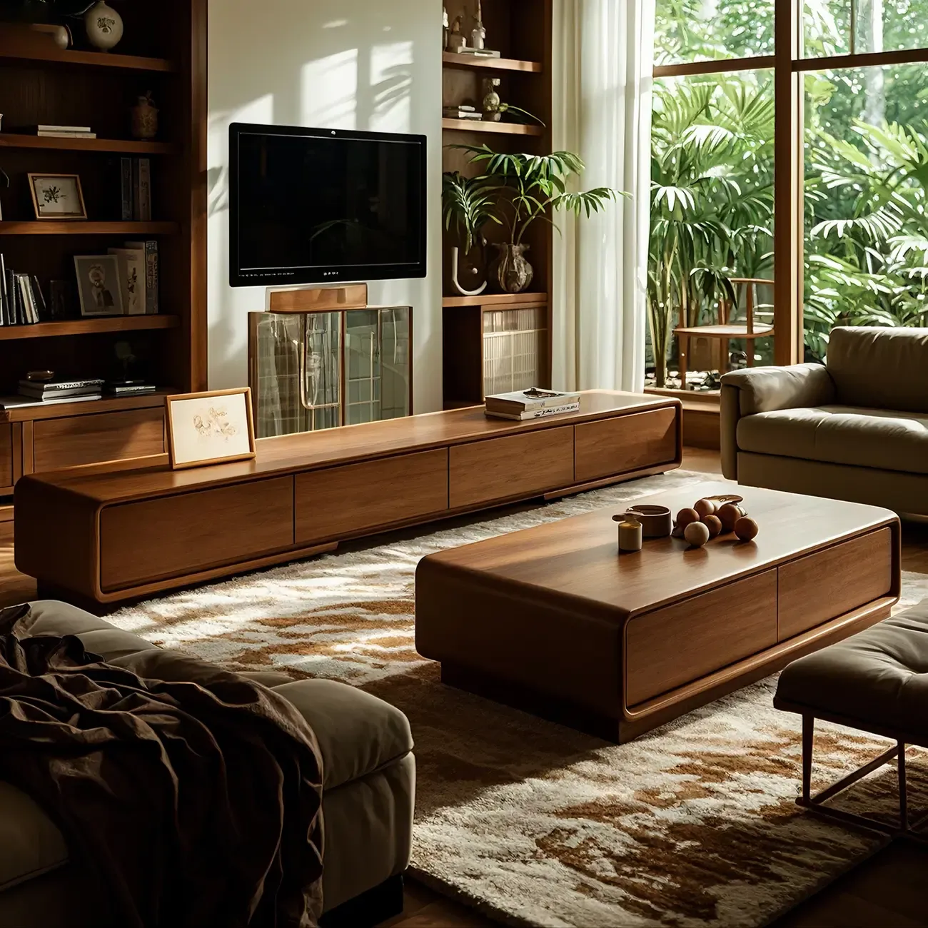 Vintage Wooden TV Stand with Drawers & Cable Management Image - 2