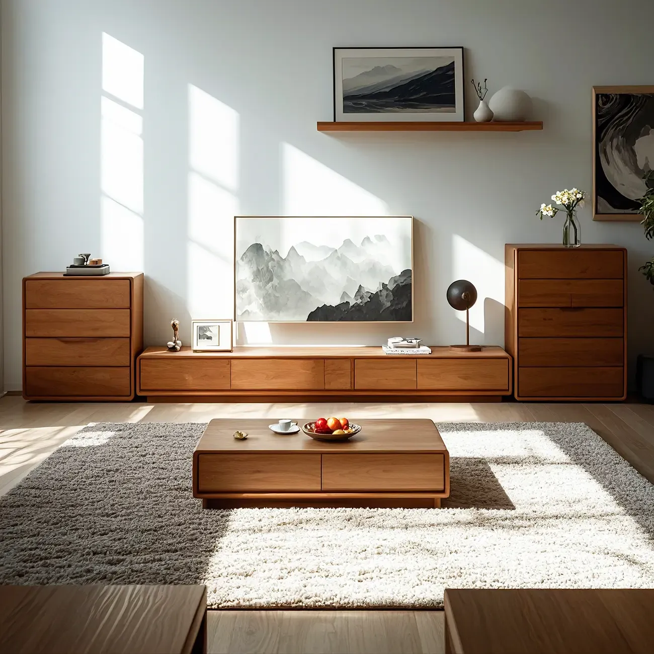 Vintage Wooden TV Stand with Drawers & Cable Management Image - 1