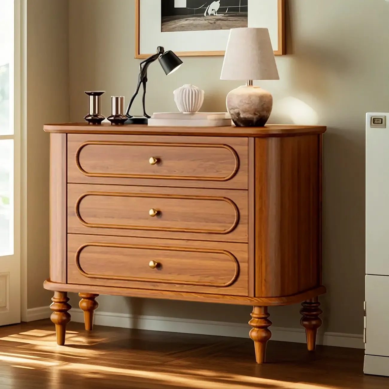 Vintage Wooden Dresser with 3-round Drawers for Restroom Image - 1