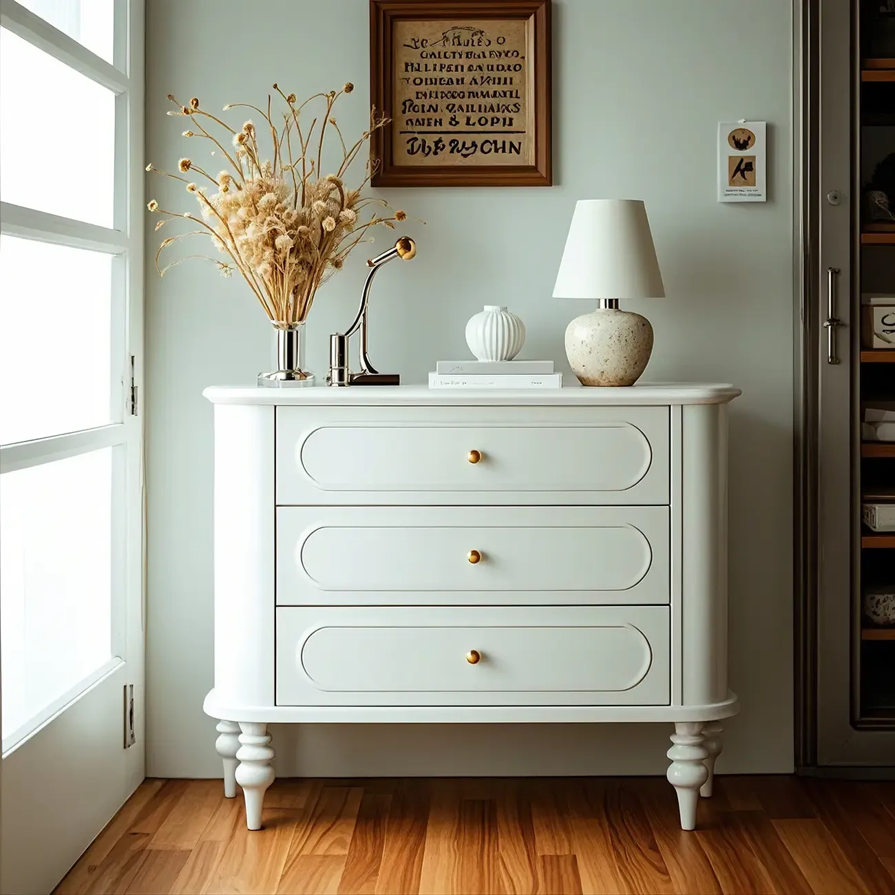 Vintage Wooden Dresser with 3-round Drawers for Restroom Image - 2