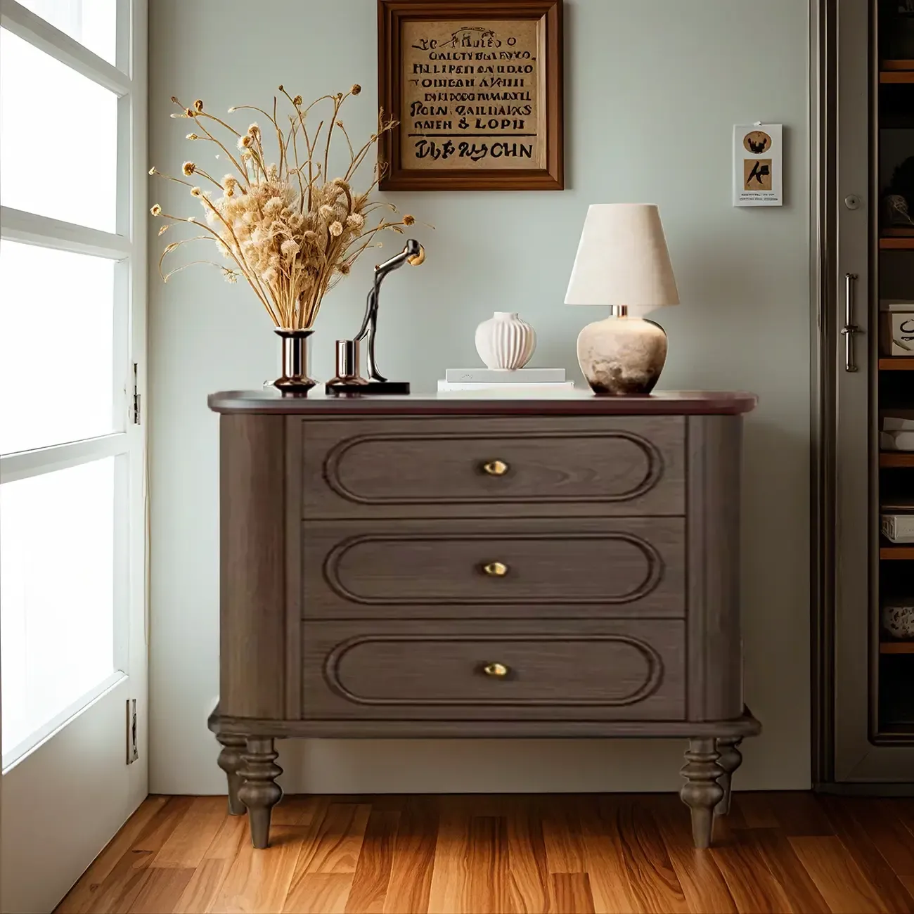 Vintage Wooden Dresser with 3-round Drawers for Restroom Image - 3