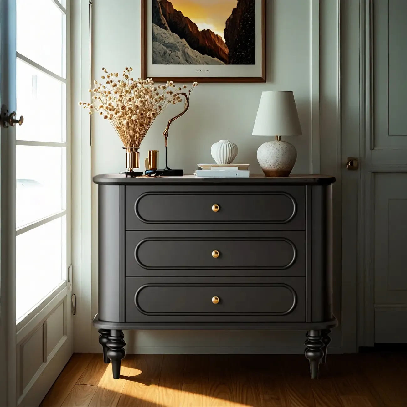 Vintage Wooden Dresser with 3-round Drawers for Restroom Image - 4