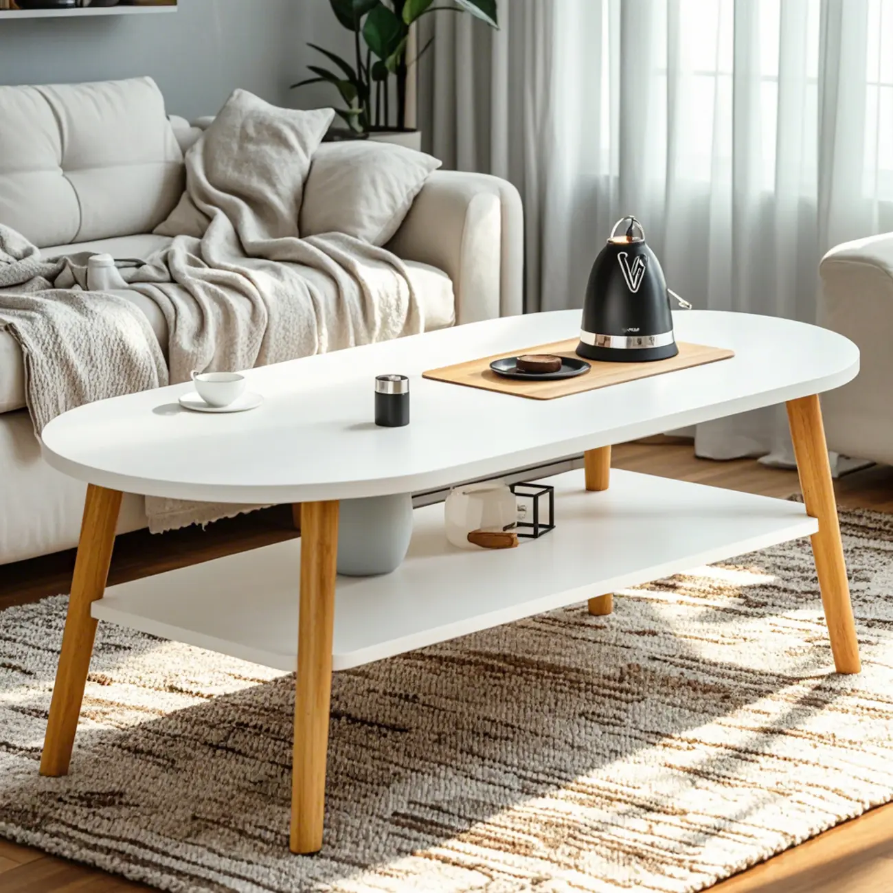 Modern Wooden White Oval Coffee Table with Storage Image - 1 | homeyfad