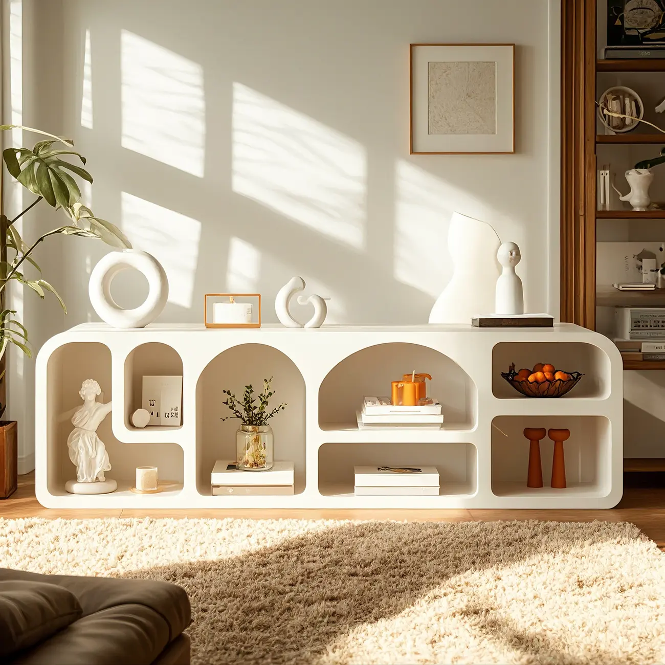 Modern White Wooden TV Stand with Visible Storage Image - 1 | homeyfad