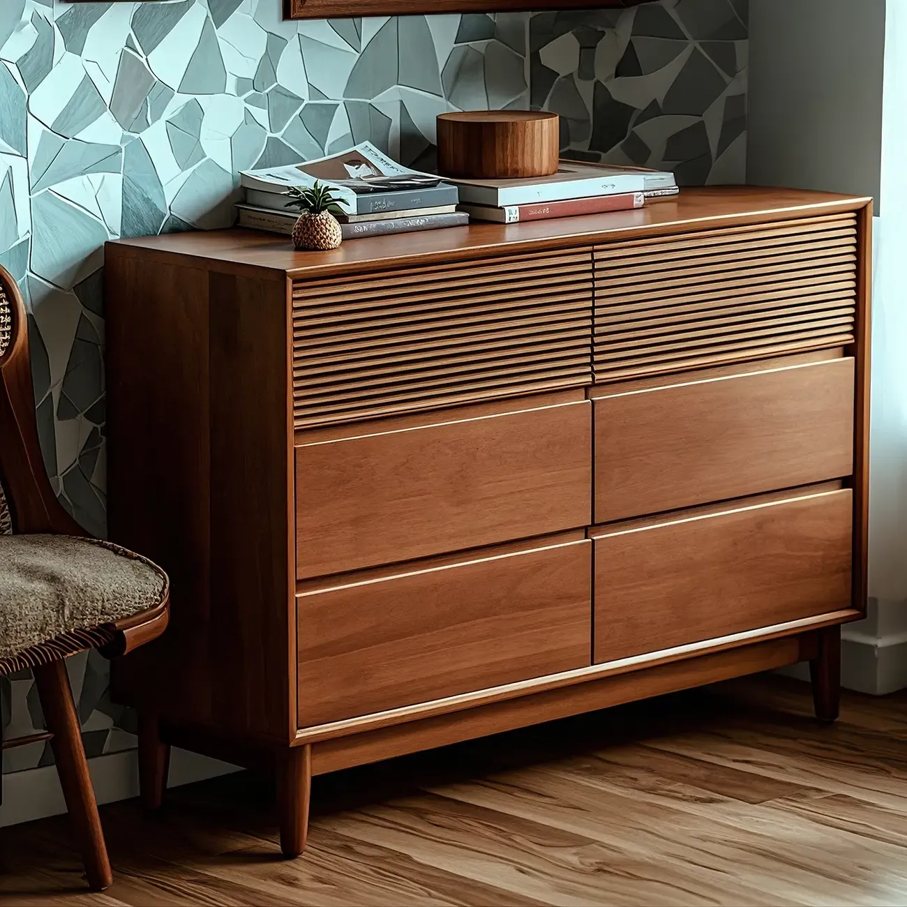 Rustic Solid Wood Double Dresser with 6-Drawers for Bedroom Image - 1