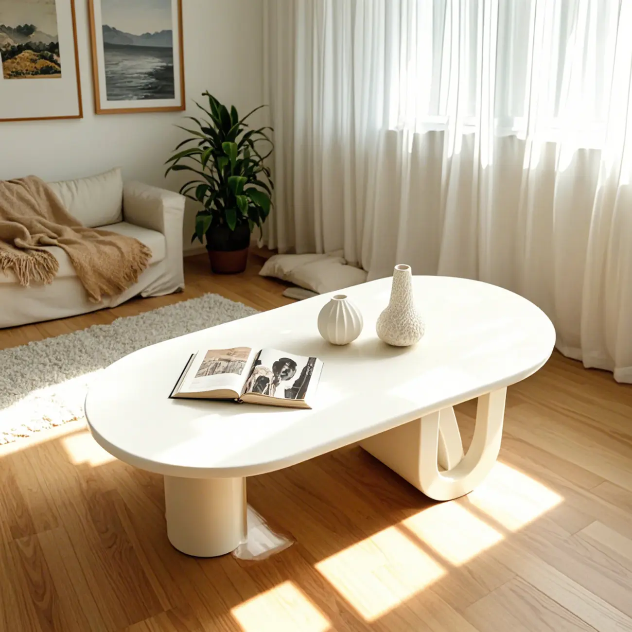 Minimalist White Oval Coffee Table with Storage for Indoor Use Image - 4 | homeyfad
