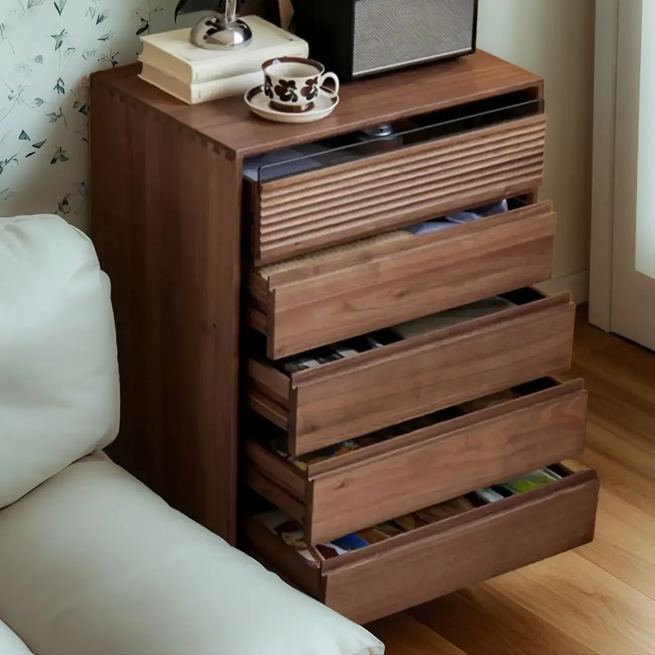  Modern Vertical Natural Wooden Chest with 5-Drawers for Bedroom Image - 2