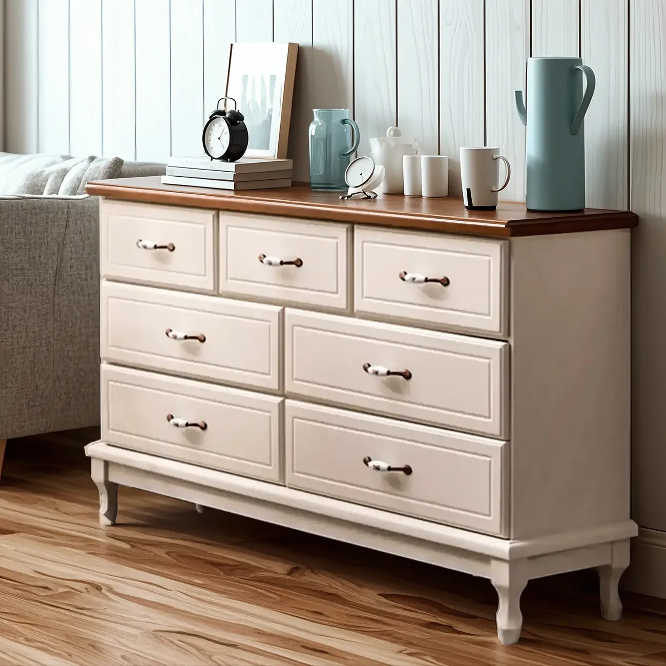 Modern Solid Wood Double Dressers with 7-Drawers for Bedroom Image - 1