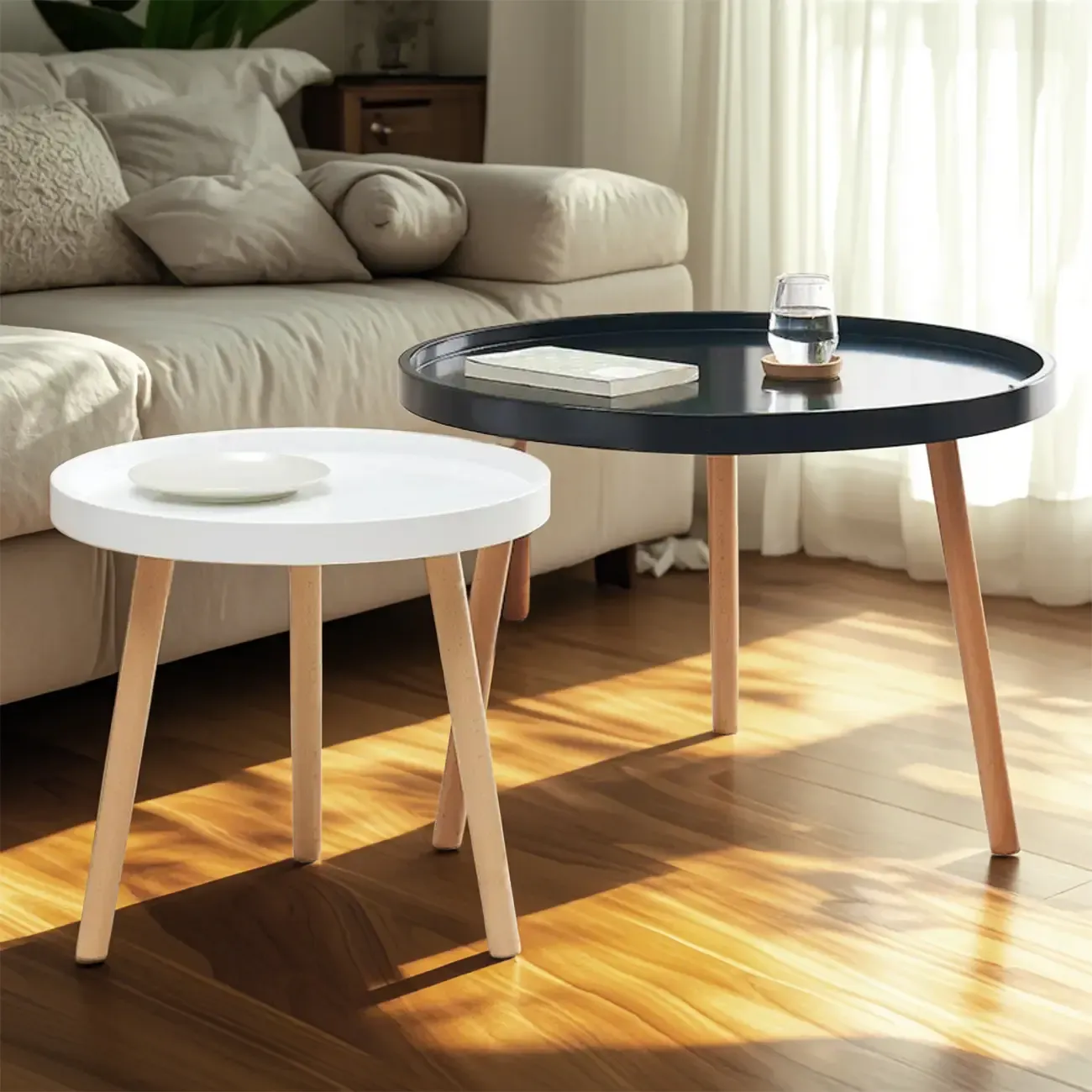 Modern Round Waterproof Coffee Table with Wood Three Leg Image - 1