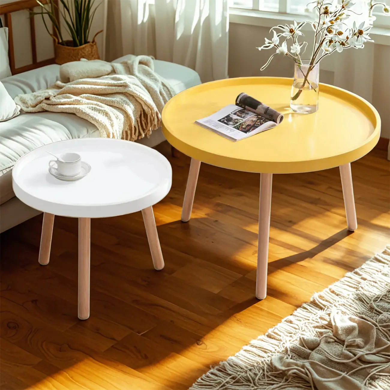 Modern Round Waterproof Coffee Table with Wood Three Leg Image - 4 | homeyfad