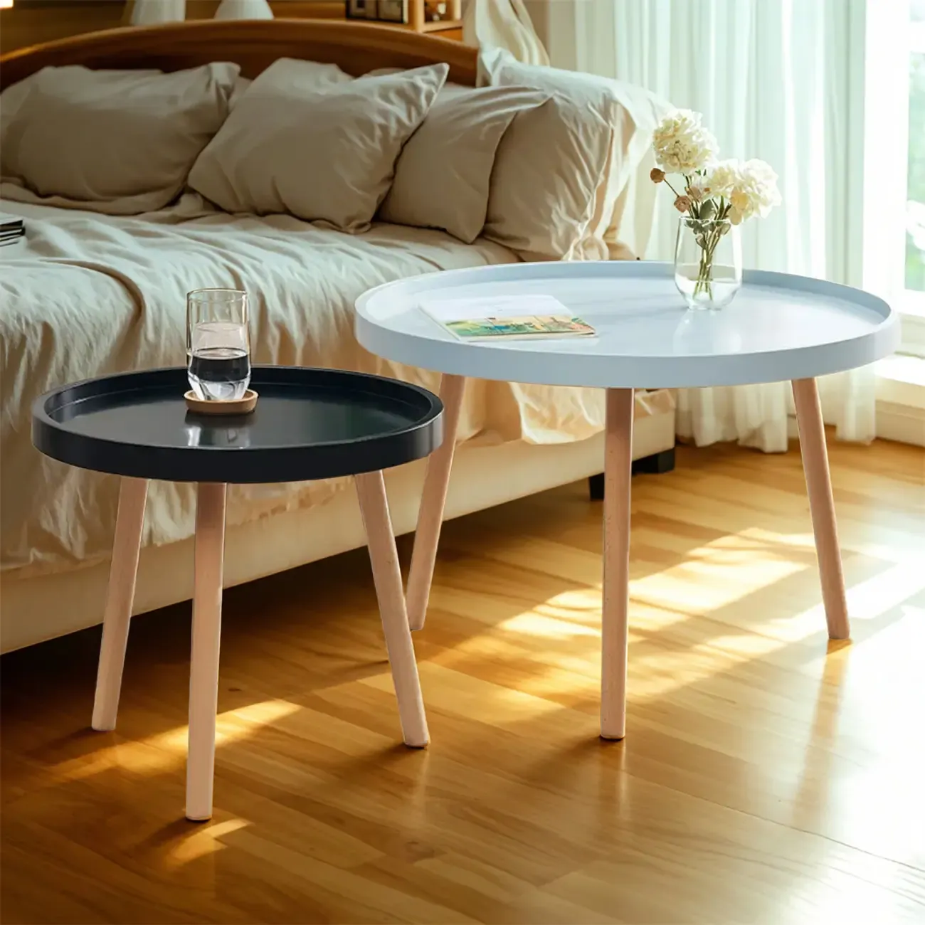 Modern Round Waterproof Coffee Table with Wood Three Leg Image - 6