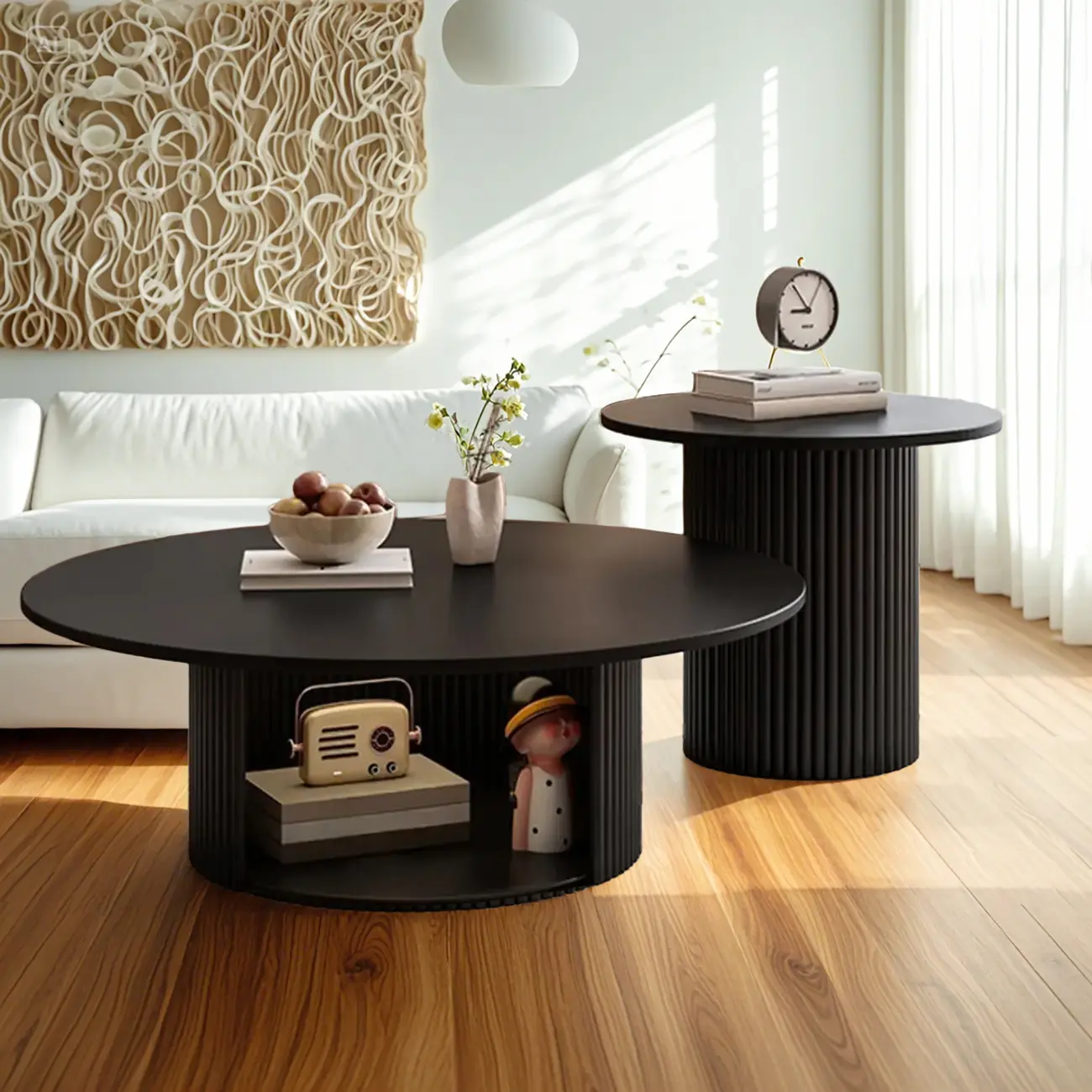 Modern Black Wooden Round Coffee Table Set for Indoor Use  Image - 2 | homeyfad