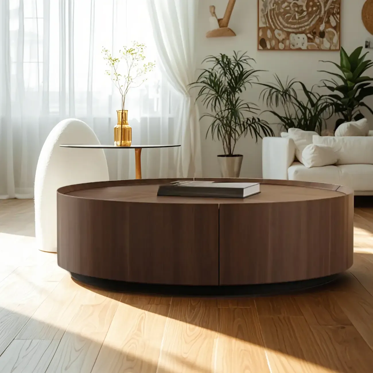 Brown Nesting Tray Wooden Round Coffee Table with 2 Drawers Image - 1