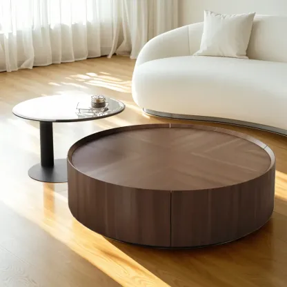 Brown Nesting Tray Wooden Round Coffee Table with 2 Drawers  Image - 2