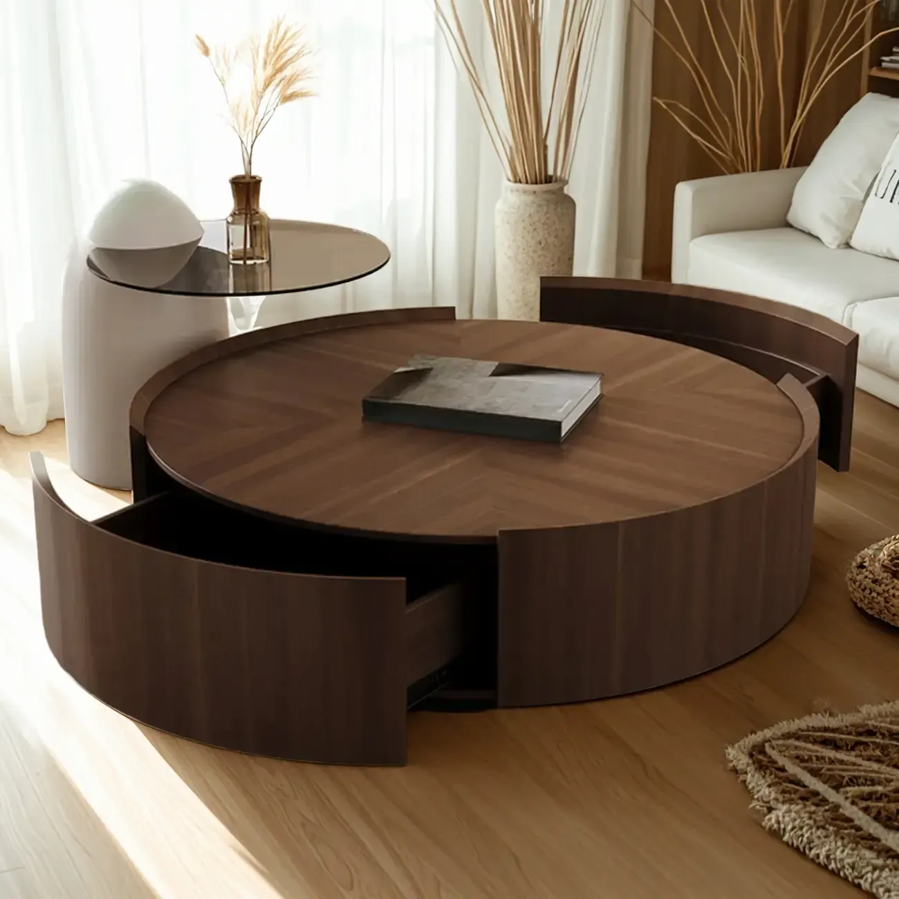 Brown Nesting Tray Wooden Round Coffee Table with 2 Drawers Image - 4