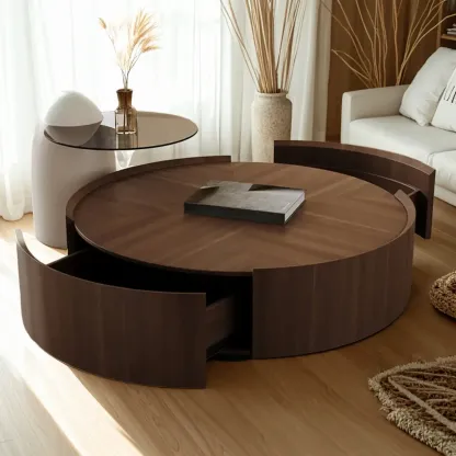 Brown Nesting Tray Wooden Round Coffee Table with 2 Drawers  Image - 4
