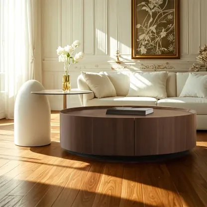 Brown Nesting Tray Wooden Round Coffee Table with 2 Drawers  Image - 5