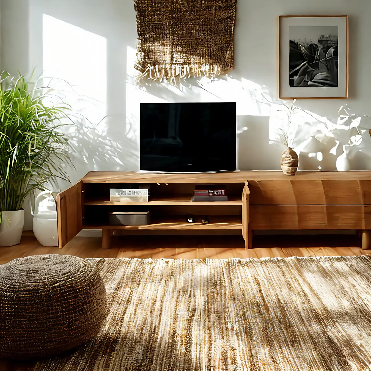 Modern Rectangle Ash Wooden TV Stand with Drawers for Home Image - 2 | homeyfad