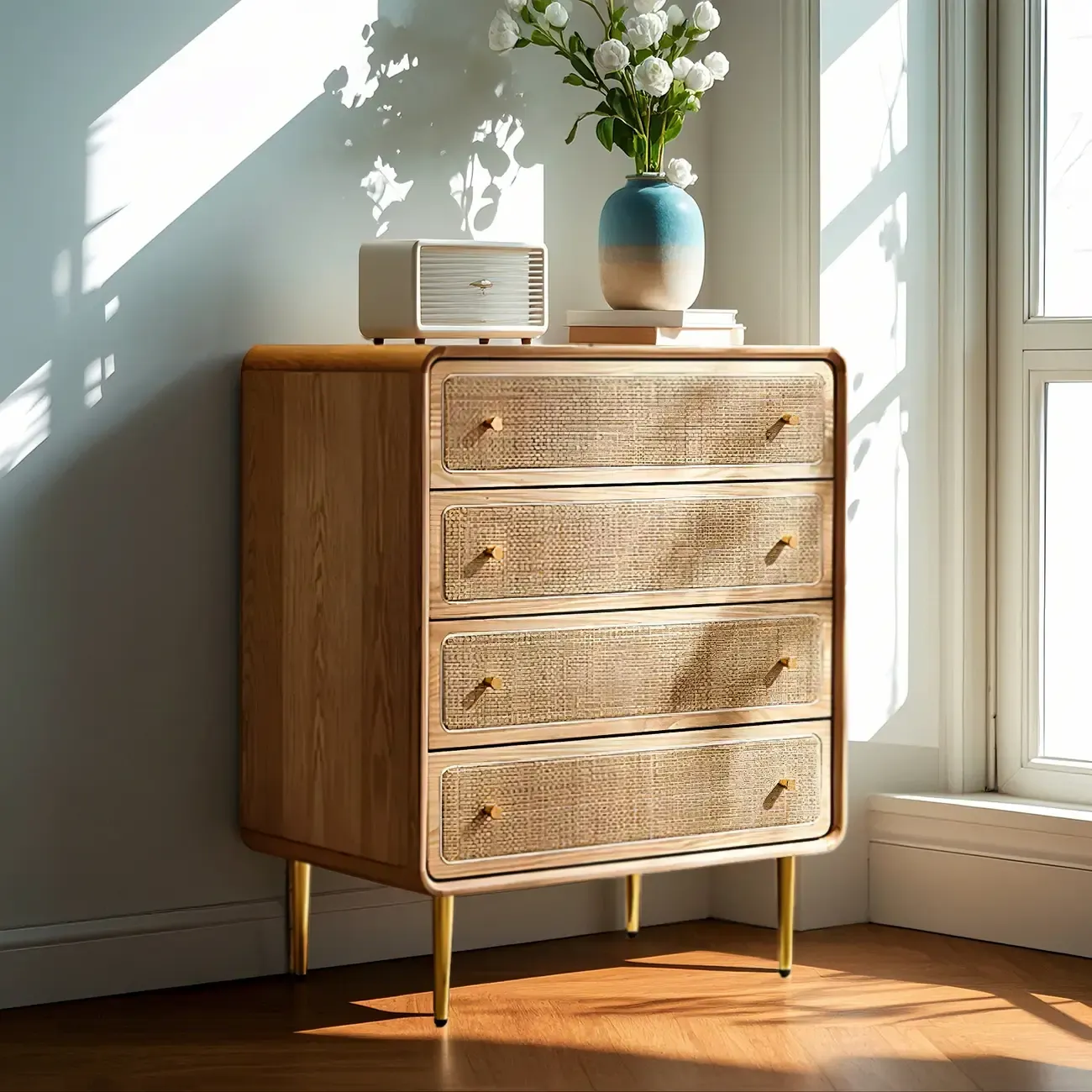 Elegant Natural Wooden Dresser with 4-Drawers for Home Image - 2
