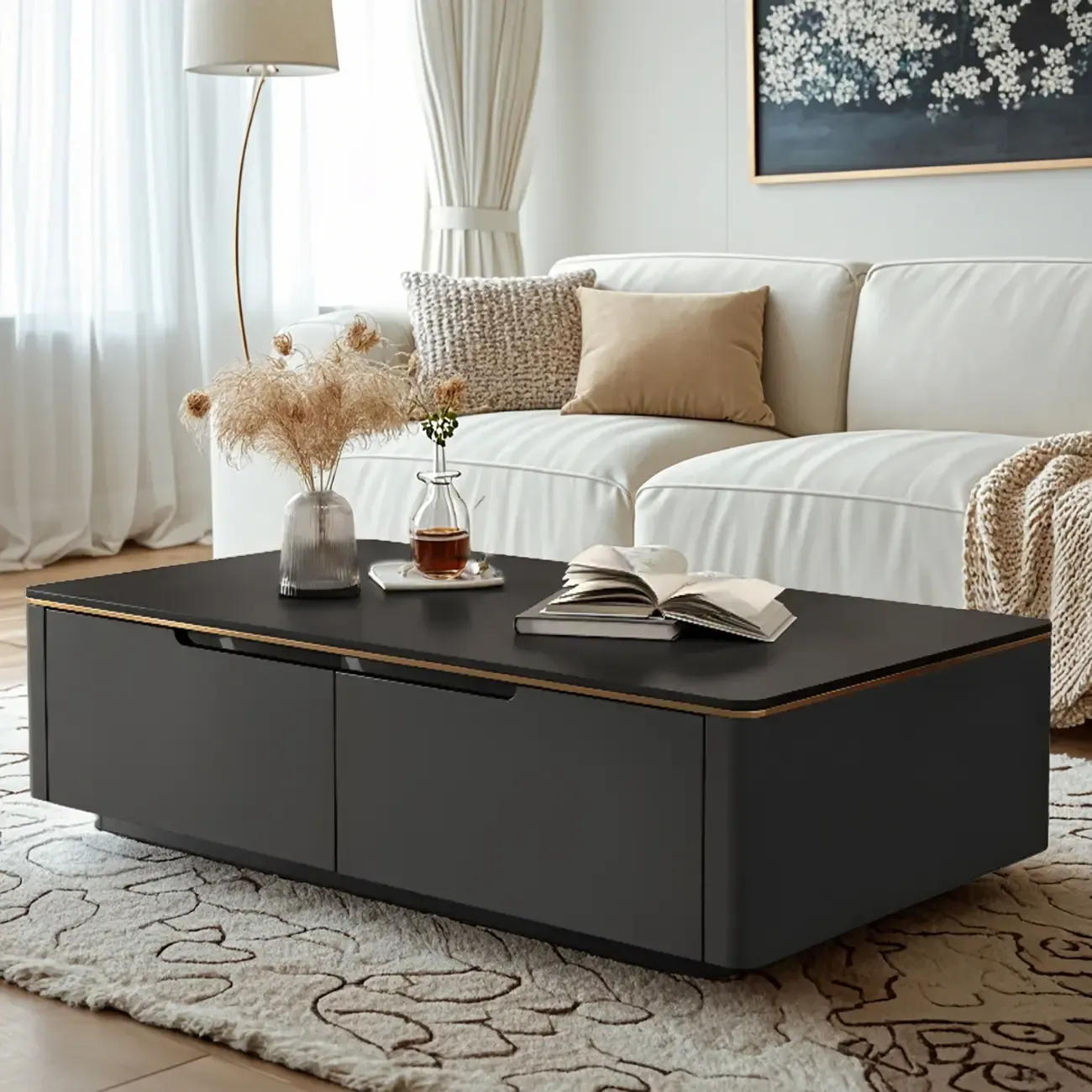 1 Tier Minimalistic Black Square Coffee Table with 4-Drawer Image - 1