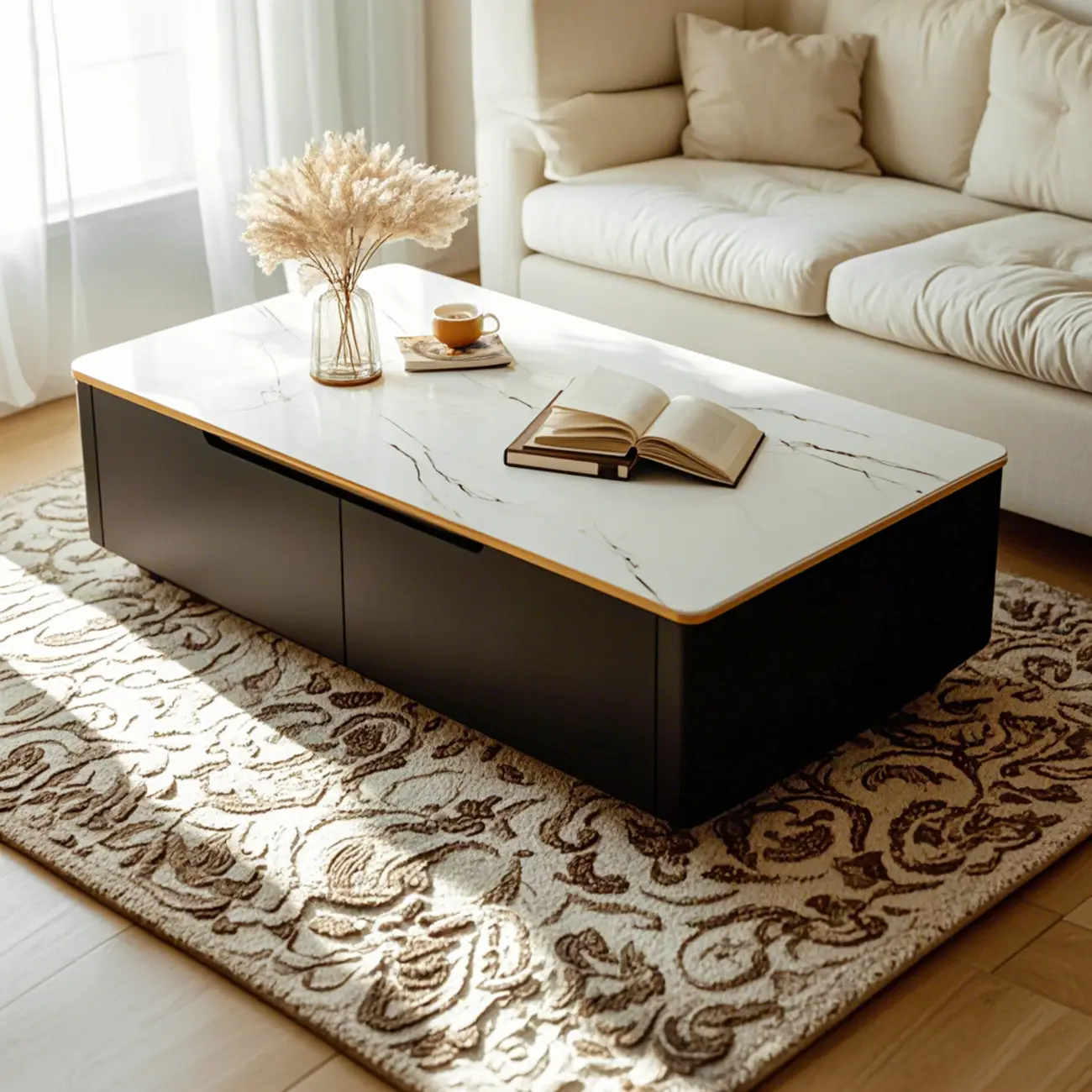 1 Tier Minimalistic Black Square Coffee Table with 4-Drawer Image - 2 | homeyfad