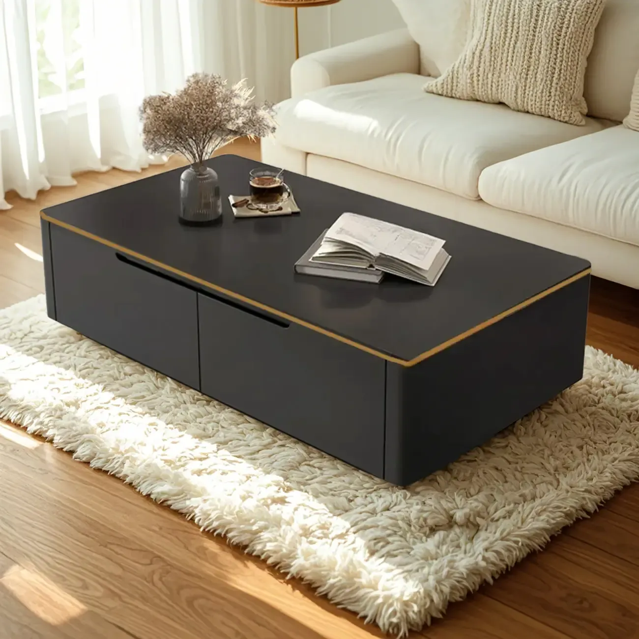 1 Tier Minimalistic Black Square Coffee Table with 4-Drawer Image - 3