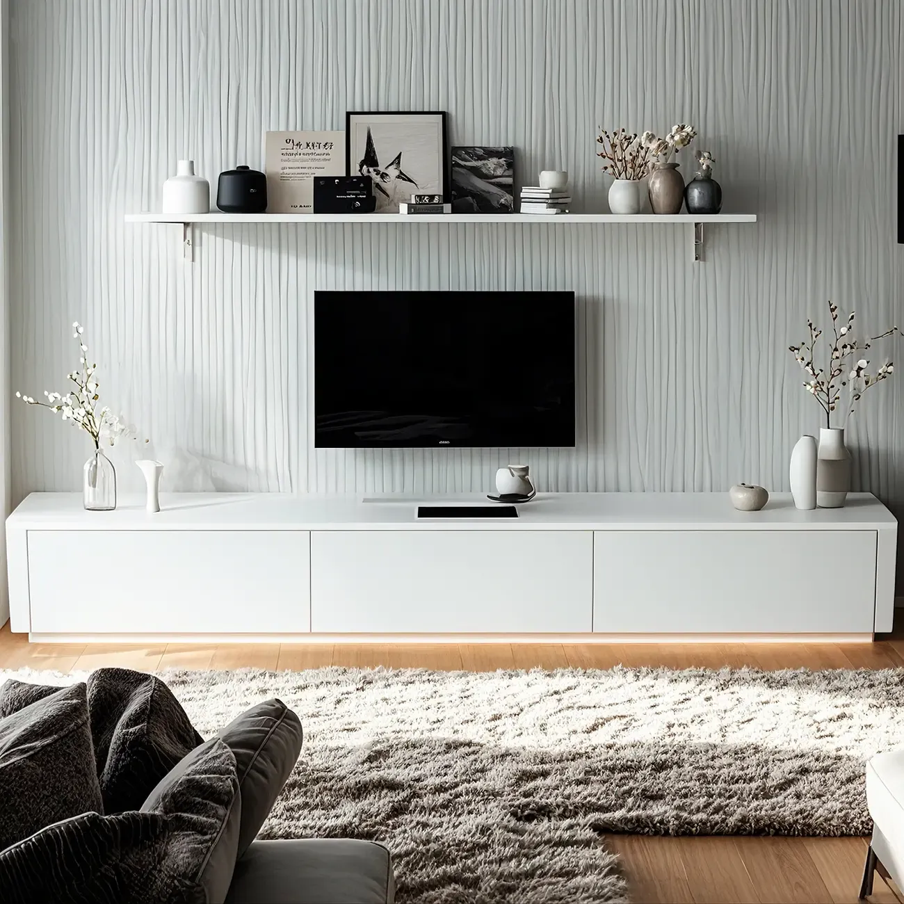 Minimalist White Wooden TV Stand with Cable Management Image - 1