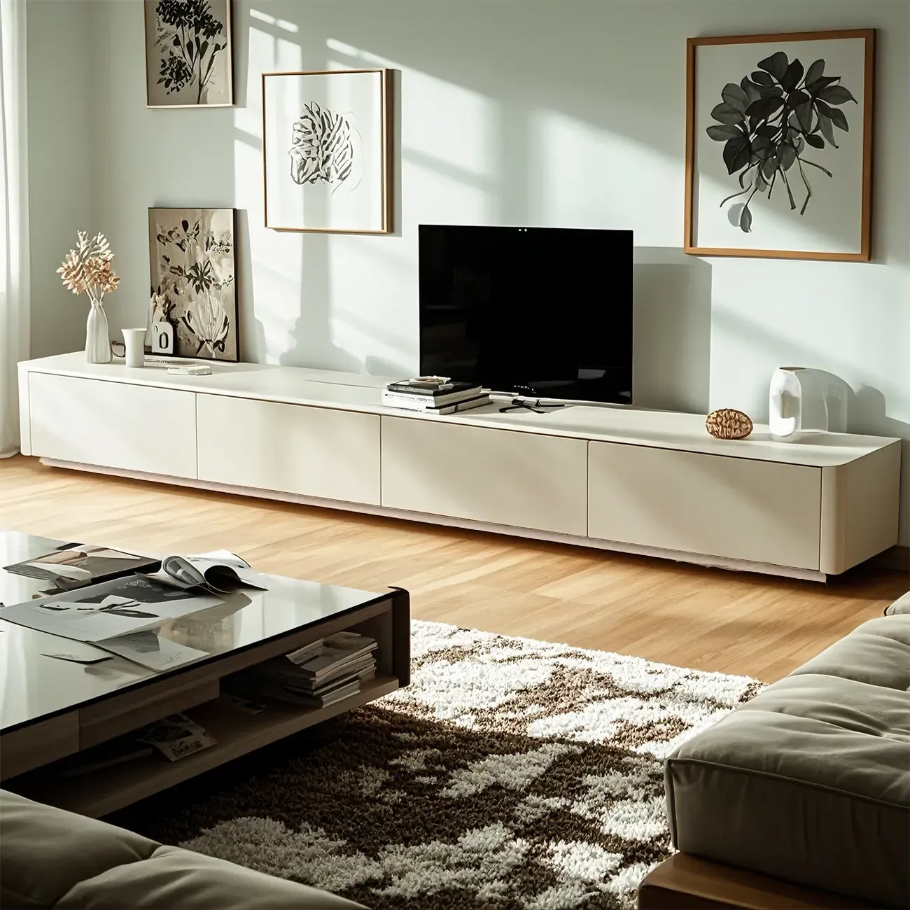 Minimalist White Wooden TV Stand with Cable Management Image - 2