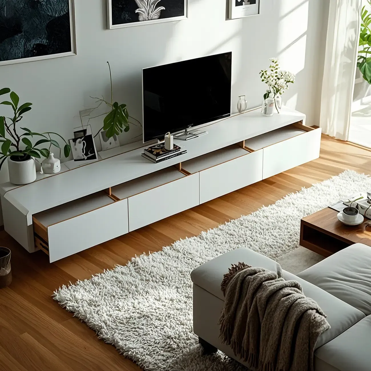 Minimalist White Wooden TV Stand with Cable Management Image - 3