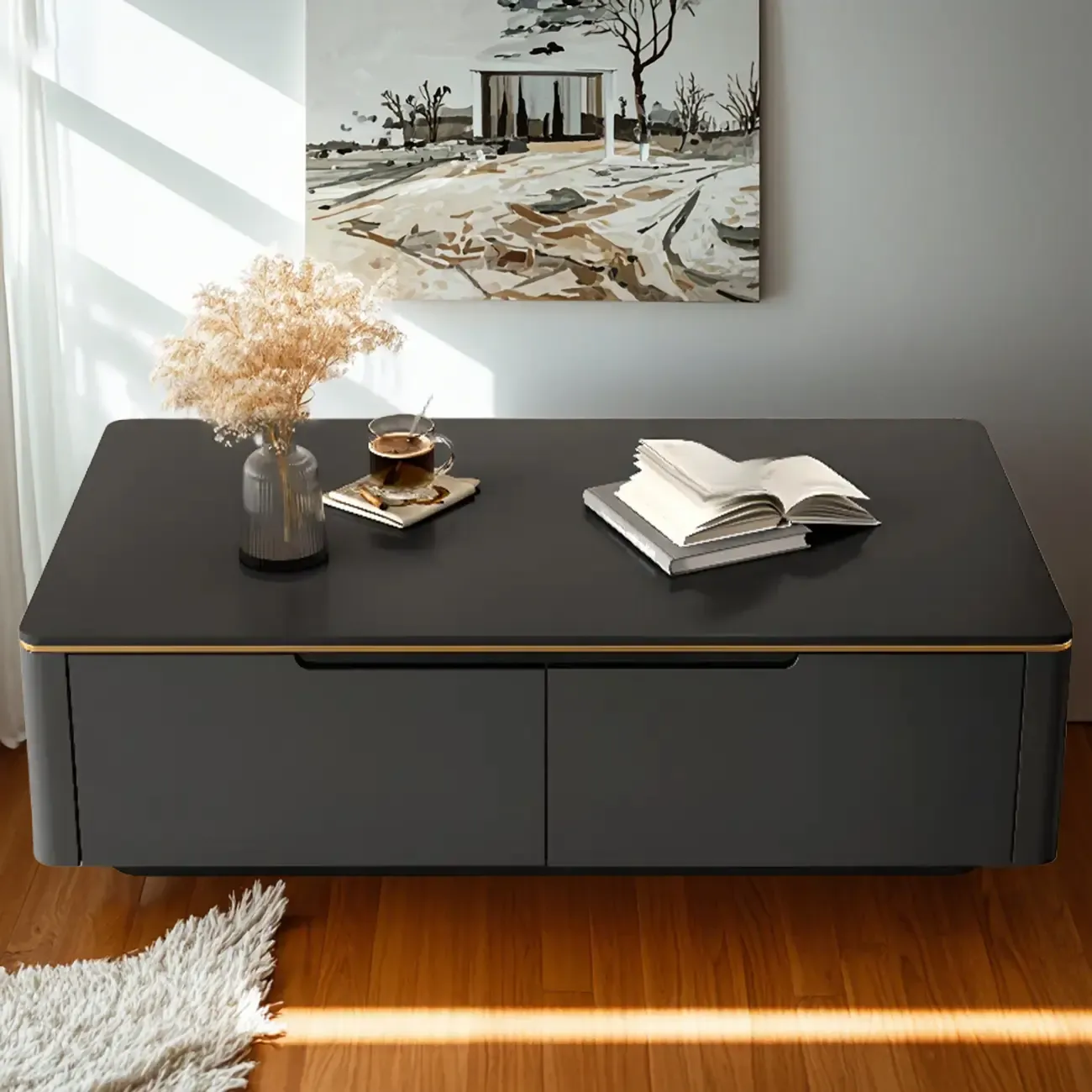1 Tier Minimalistic Black Square Coffee Table with 4-Drawer Image - 4