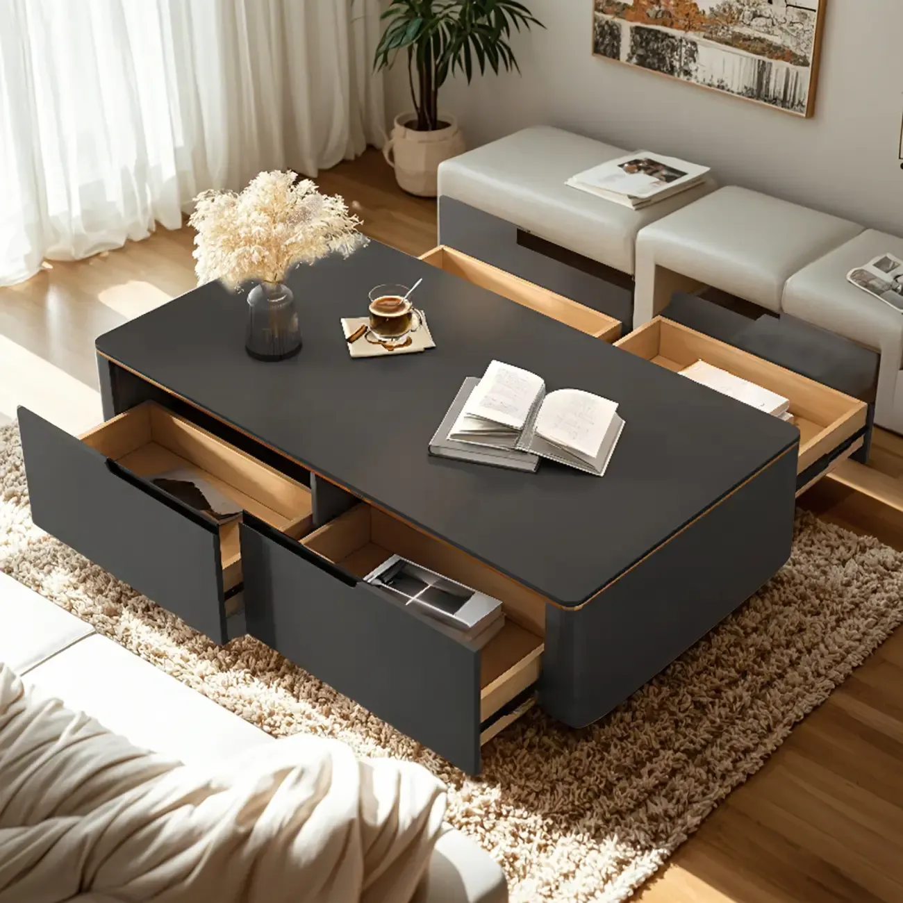 1 Tier Minimalistic Black Square Coffee Table with 4-Drawer Image - 5