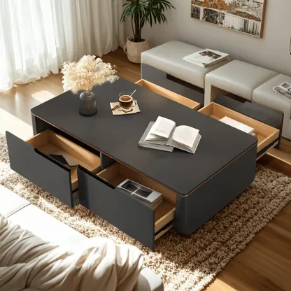 1 Tier Minimalistic Black Square Coffee Table with 4-Drawer Image - 5