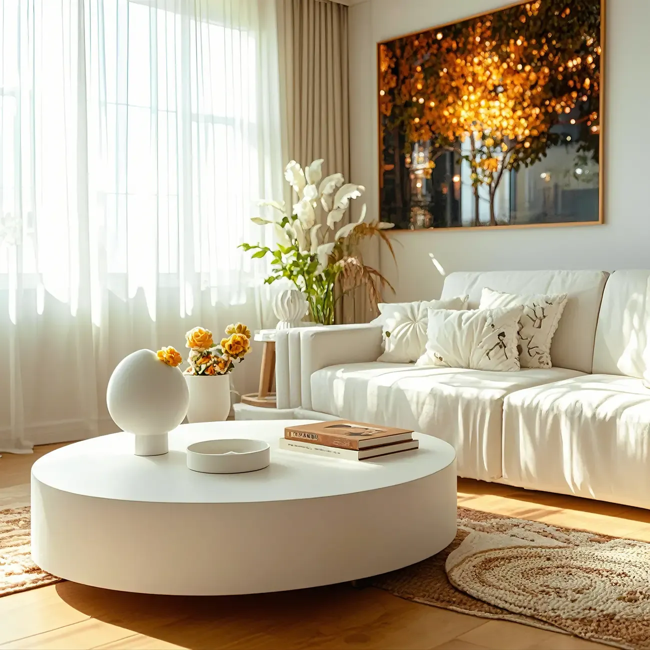 Modern White Round Fiberglass Coffee Table for Living Room Image - 3