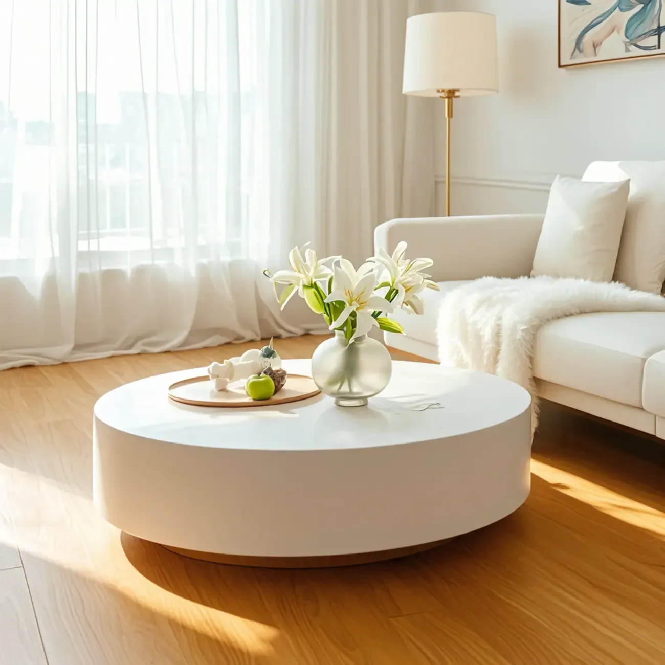 Modern White Round Fiberglass Coffee Table for Living Room  Image - 4