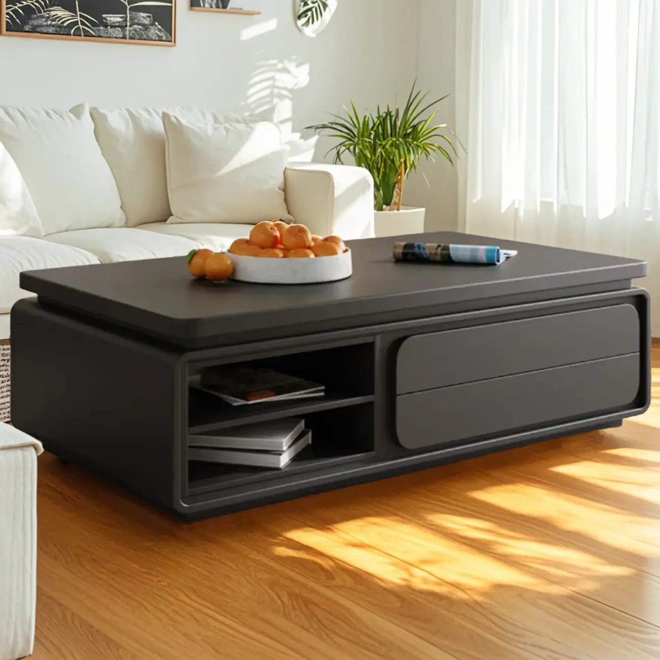 Modern Black Wooden Rectangular Coffee Table with Drawers Image - 1 | homeyfad