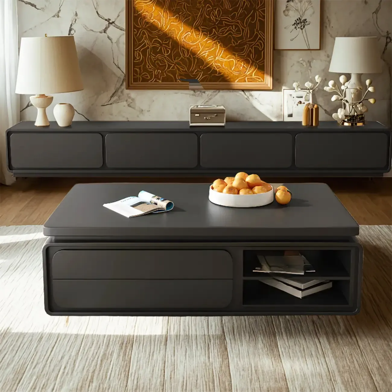 Modern Black Wooden Rectangular Coffee Table with Drawers Image - 4