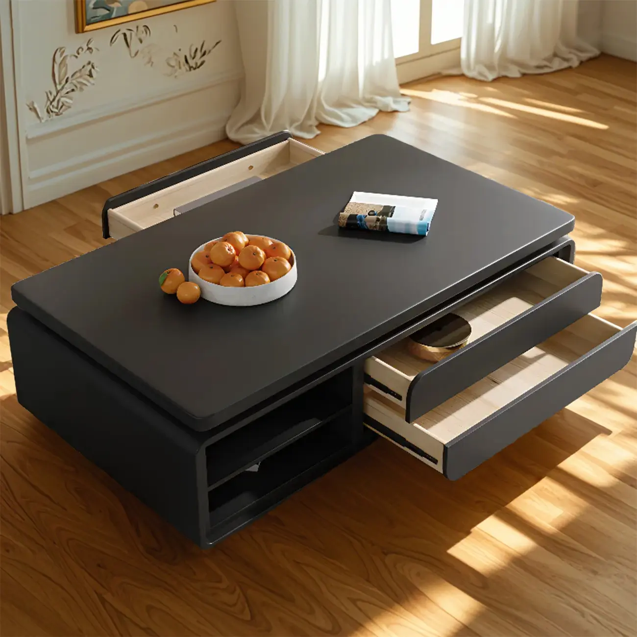 Modern Black Wooden Rectangular Coffee Table with Drawers Image - 5 | homeyfad