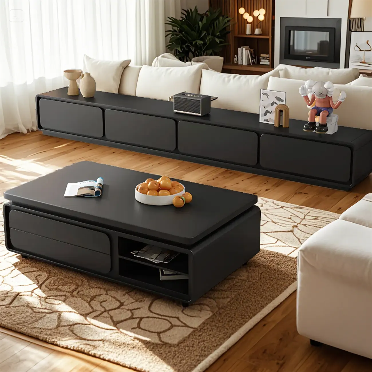 Modern Black Wooden Rectangular Coffee Table with Drawers Image - 6 | homeyfad