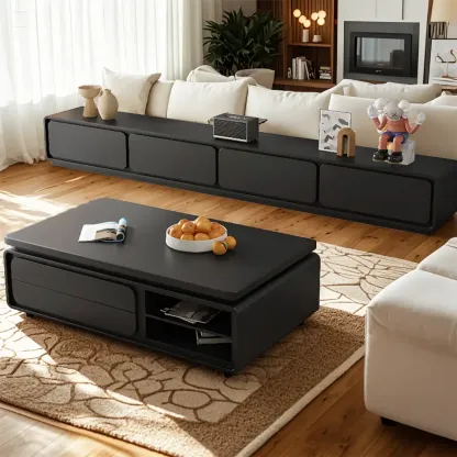 Modern Black Wooden Rectangular Coffee Table with Drawers Image - 6