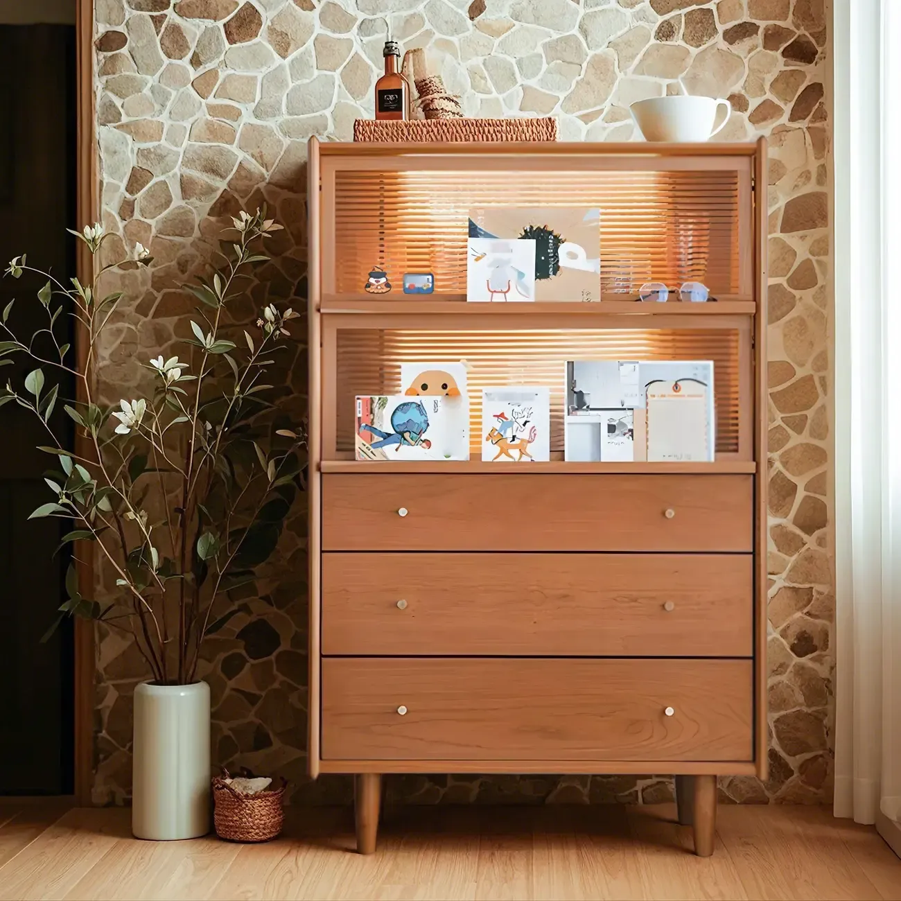 Stylish Cherry Wood Dressers & Chests with Drawers & Shelves Image - 2