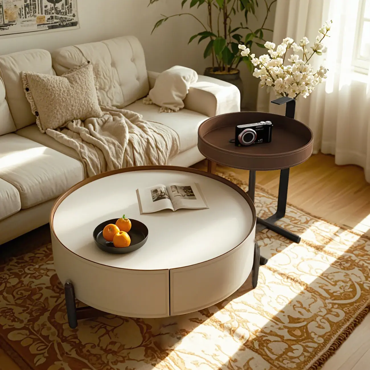 Modern Round Beige Coffee Table with Storage for Living Room Image - 1 | homeyfad