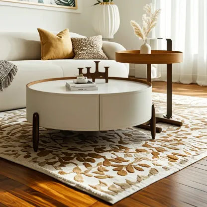 Modern Round Beige Coffee Table with Storage for Living Room Image - 4