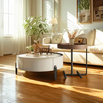 Modern Round Beige Coffee Table with Storage for Living Room Image - 6