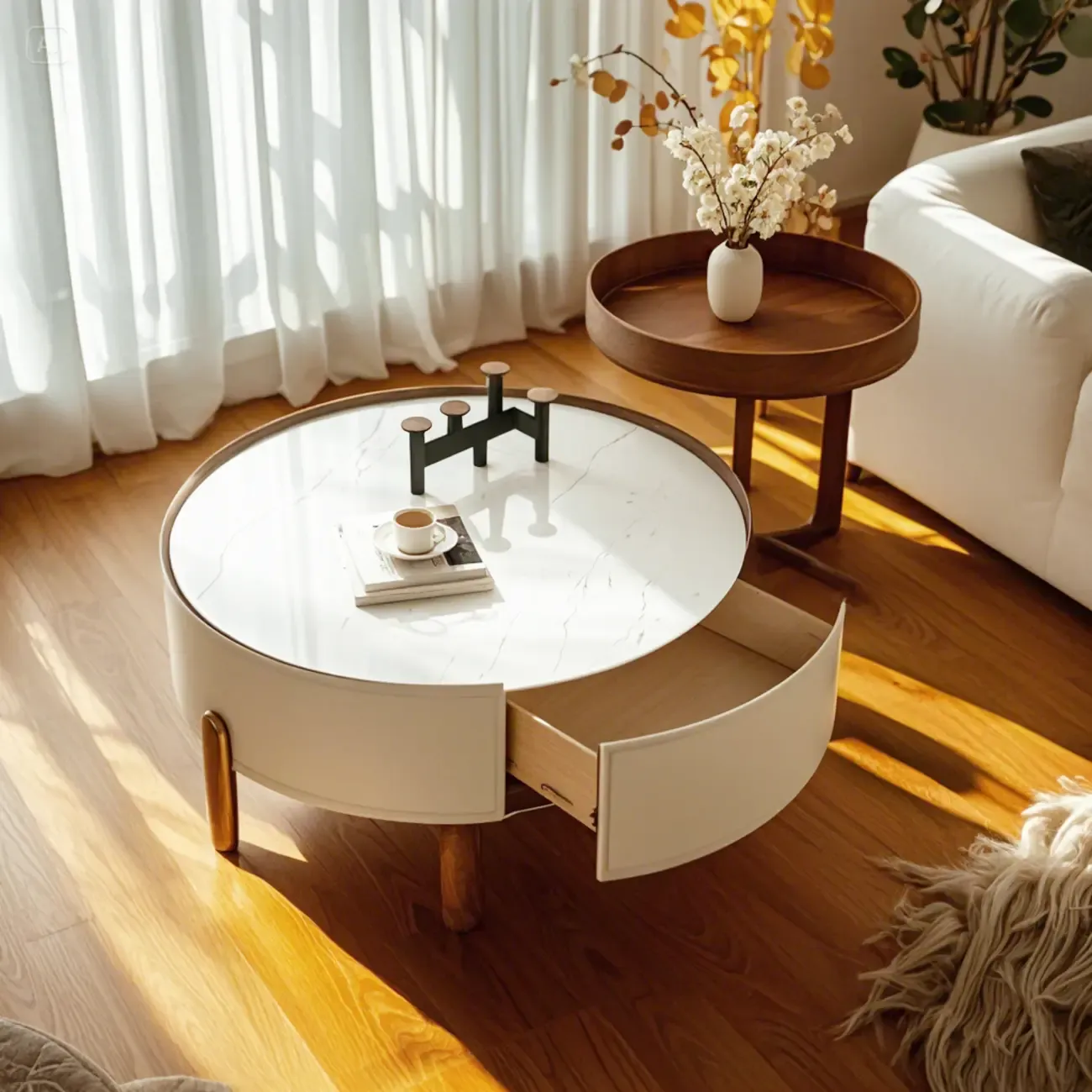 Modern Round Beige Coffee Table with Storage for Living Room Image - 8
