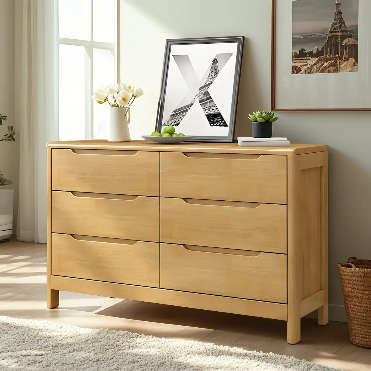 Stylish Natural Rubberwood Dressers & Chests with 6-Drawers Image - 4 | homeyfad