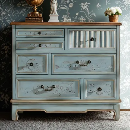 Traditional Blue Wooden Dresser with Drawers for Bedroom Image - 3