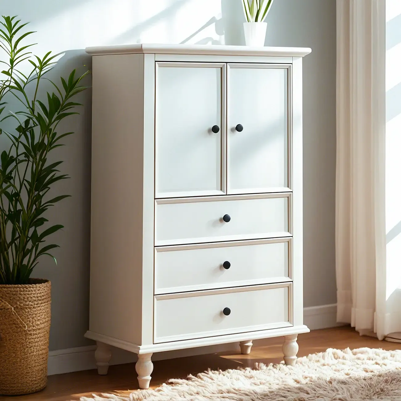 Glam White Wooden Dresser with Shelves for Bedroom Image - 1